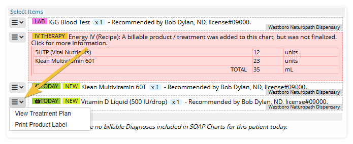 During express checkout, how to view a treatment plan or print a product label for the products recommended by the practitioner that show on the express checkout.  Shows an arrow towards the button to click on to view a treatment plan or print a particular product label in the Express Checkout.